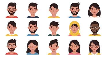 Diverse group of people in flat style showcasing expressions in art vector