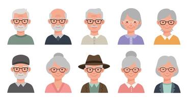 Elderly people character design in flat style showcasing different expressions and attire illustration vector
