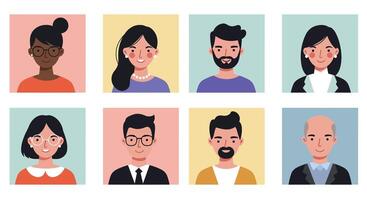 Diverse group of people illustrated in flat style with vibrant colors and varied expressions art vector
