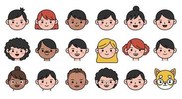 Diverse collection of character faces in flat design style art vector