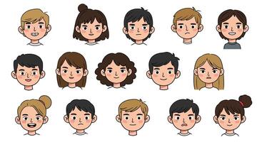 Collection of diverse facial expressions in flat illustration style with characters showing various emotions art vector