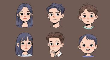 Six expressive character faces in flat style showcasing diverse emotions illustration vector