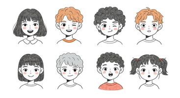 Different expressions of children in flat, minimal art style illustration vector