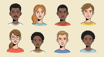 Diverse group of young people in flat art style showcasing expressions and emotions in illustration vector