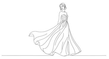 Elegant woman in flowing dress transitioning from standing to walking in minimal art vector