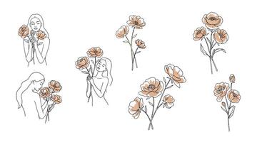 Floral designs showcasing transition from outline to colored bloom in minimal illustration vector