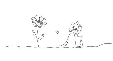 Couple in love holding hands with large flower in flat art vector
