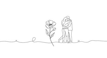 Embracing couple with a flower in minimal line art illustration vector