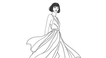 Elegant woman in flowing dress transitioning with minimal line style art vector