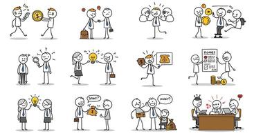 Stick figure characters exchanging ideas in a flat illustration design style vector