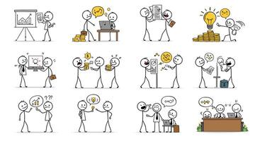 Stick figure characters in various work scenarios showcasing ideas and teamwork in flat art vector
