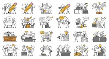 Business characters collaborating in different scenarios with minimal design elements in illustration vector