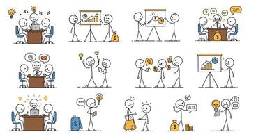 Stick figure characters interacting in office scenes with flat design art vector