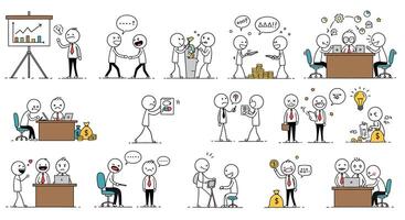 Business meetings and teamwork in flat illustration style showcasing collaboration and progress in art vector