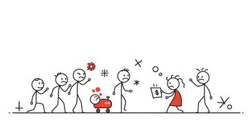 Stick figure characters interacting in playful scenes with minimal style art vector