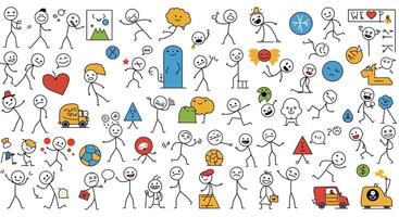 Stick figure characters engaging in activities with flat design elements in colorful illustration vector