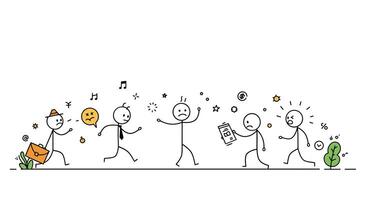 Stick figure characters expressing emotions in detailed flat art illustration vector