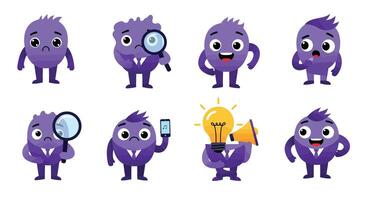 Purple creature character expressions in minimal style showcasing emotions and actions in art vector