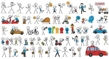 Stick figure characters in various activities illustrated in flat style art vector