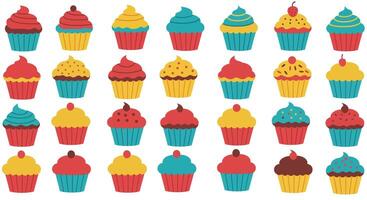 Colorful cupcake designs in flat style with various toppings and wrappers art vector