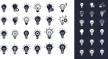 Light bulb icons in various designs showcasing ideas and creativity in flat art vector