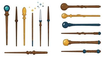 Detailed illustration of various magical wands in flat art style vector