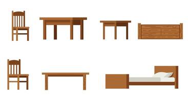 Wooden furniture collection featuring chairs, tables, and beds in flat art style vector