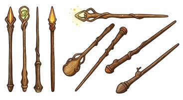 Magical wooden wands with intricate designs in flat style art vector