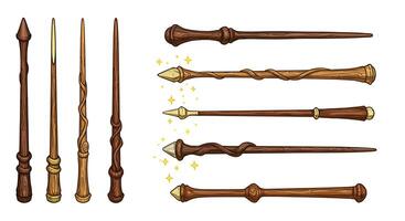 Detailed illustration of magic wands in various styles and colors in flat art vector