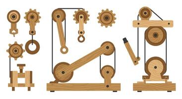Mechanical components transition from assembly to operation in flat art vector