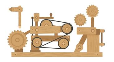 Wooden mechanical device in flat design showcasing movement in art vector