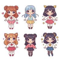 Cute anime-style characters showcasing different outfits in flat art vector