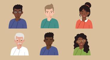 Six diverse characters displaying various expressions of contemplation and thoughtfulness in an animated style vector