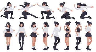 Dynamic character poses in flat design showcasing movement and interaction art vector