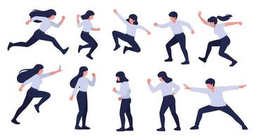 Dynamic action sequence of people in motion using flat design art vector
