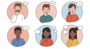 Group of diverse individuals showing different expressions of contemplation and thoughtfulness vector