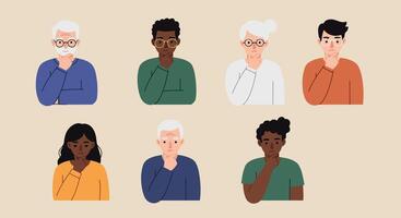 Diverse group of people expressing contemplation with thoughtful facial expressions and hand gestures vector