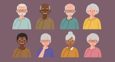 Diverse group of elderly individuals deep in thought with thoughtful expressions and gestures vector