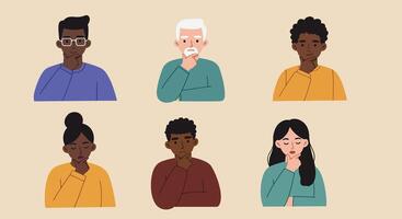 Diverse group of six people expressing various contemplative emotions and thoughts vector