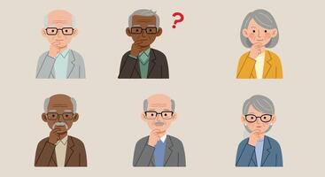 Six diverse characters expressing curiosity and contemplation in a colorful illustration vector