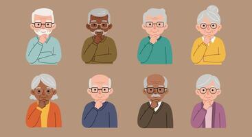 Diverse group of elderly individuals with thoughtful expressions and gestures displayed in a grid layout vector