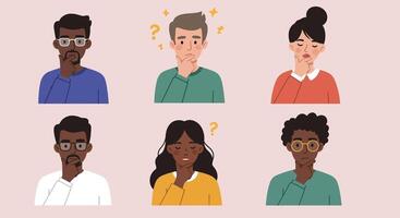 Six diverse individuals expressing various emotions and thoughts in a colorful illustration vector