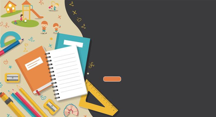 Colorful stationery and playful children in a vibrant schoolyard setting