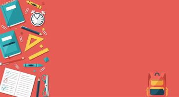 Colorful school supplies arranged on a vibrant background with a backpack in the corner vector