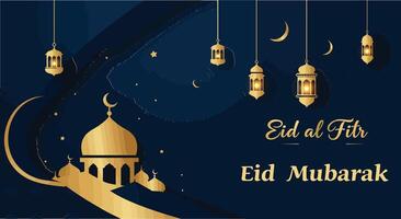 Elegant Eid al-Fitr design featuring lanterns, crescent moons, and a beautiful mosque silhouette vector