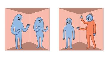 Two cartoon characters interacting in a room with a change in color and mood vector