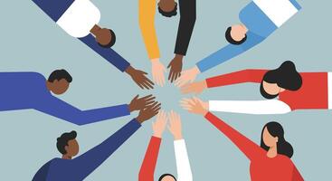 Diverse group of people reaching out with hands for teamwork and collaboration vector