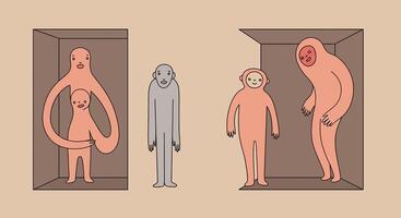 Transformation of Characters with Varying Sizes and Emotions in Two Panels vector