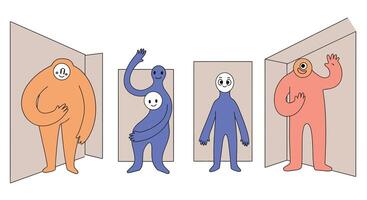 Colorful cartoon characters transitioning between two frames in playful poses vector