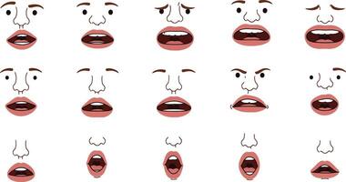 Expressions showing a range of emotions with various facial features and mouth shapes vector